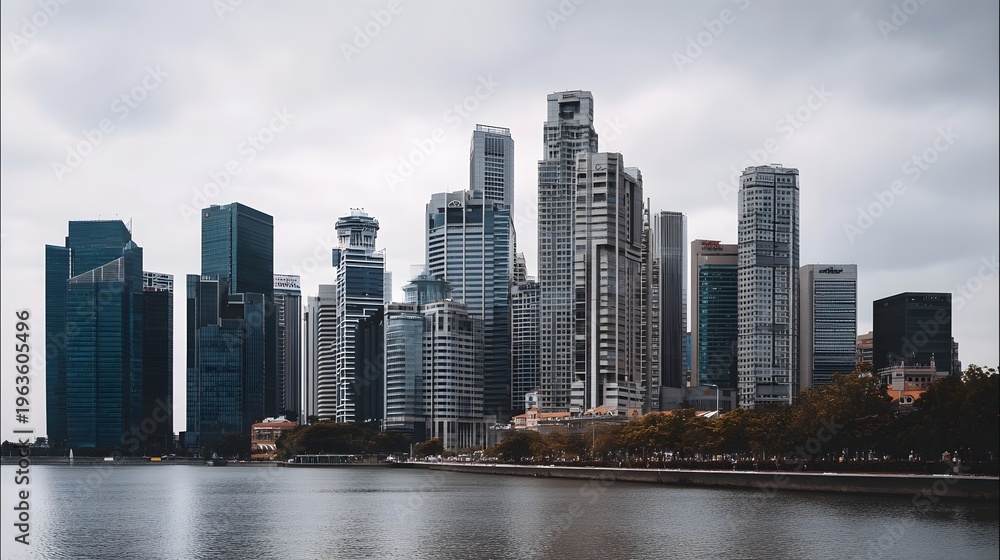 Obraz premium A serene cityscape featuring tall modern skyscrapers along a waterfront under a cloudy sky
