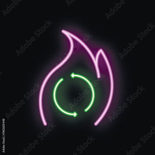 Neon sign representing the concept of waste to energy with green circular arrows in a purple flame