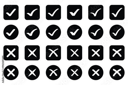 Check mark for website icon vector set. Check tick mark icon set. Cross box x check mark checkbox v list draw hand drawn sketch doodle brush marker checklist symbol wrong right circle.