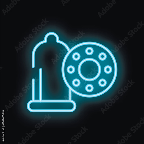 Neon blue icon depicting a condom and contraceptive pills is glowing on a black background