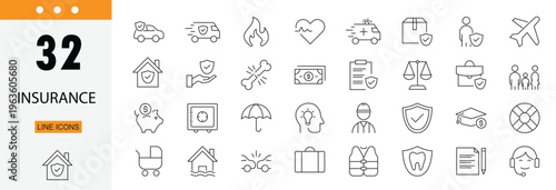 Insurance icons set representing protection, policy, risk coverage, claims, health, property and financial security concepts. Editable Stroke.