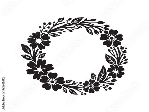 Rustic floral wreath logo silhouette with charming circular botanical design