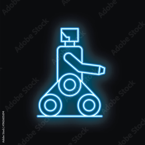 Blue neon sign illuminating a three wheeled robot on a black background