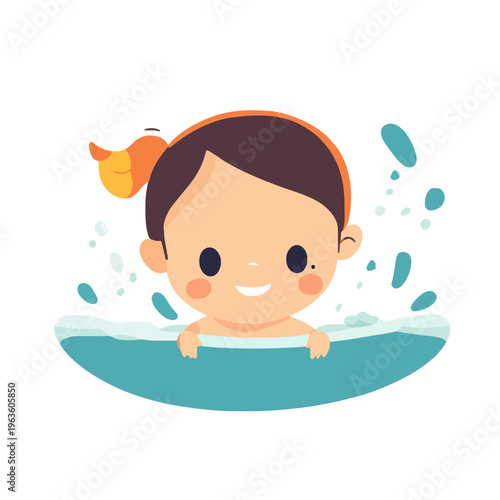 Cartoon Girl Bathing, Splashing Water - Happy Child in Bathtub with Rubber Duck and Bubbles Illustration for Kid-Friendly Content, Children Hygiene and Playful Design Projects with Happiness theme.