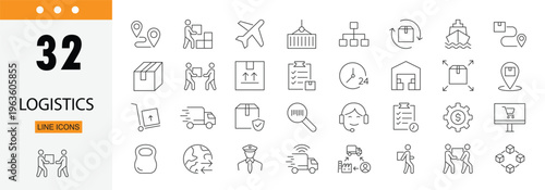 Logistics icons set representing supply chain, shipping, warehouse, delivery, distribution, tracking and transportation management. Editable Stroke.
