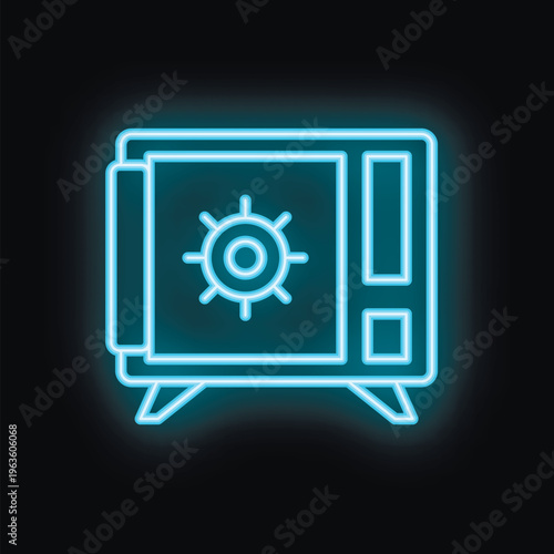 Blue neon sign of a safe deposit box glowing on a black background, representing security and finance