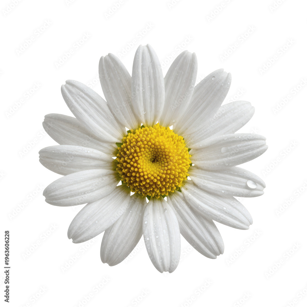 Fototapeta premium Macro image of a wet daisy flower with bright yellow center on white backdrop
