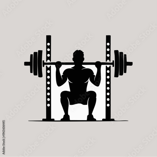 Black silhouette of man doing squats with barbell