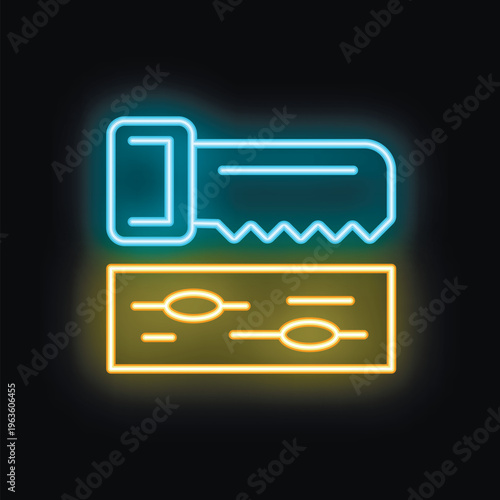 Bright glowing neon saw cutting wooden plank icon on a dark background