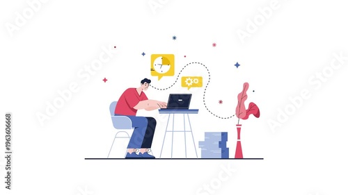 Animated freelancer working on laptop with task and time icons