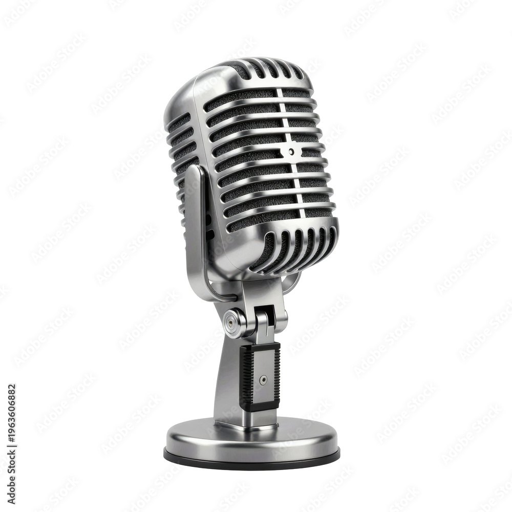 Fototapeta premium Elegant silver microphone stands against a clean white backdrop