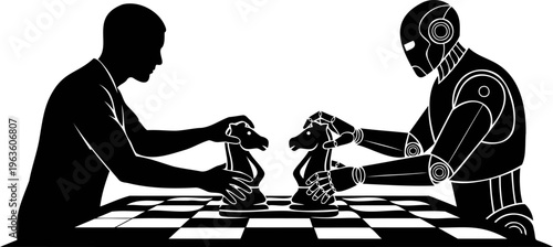 Man playing chess against robot, AI vs human strategy game vector
