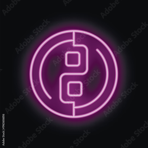 Purple neon sign is glowing in the dark showing the yin yang symbol of balance