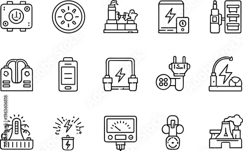 Electricity and power industry line icons set including battery charger plug factory voltage meter energy equipment outline vector collection