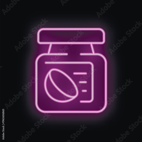 Purple neon sign of a jar of whey protein with a scoop on black background