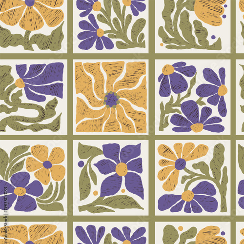 Floral Seamless Pattern. Flower Folk. Organic Plants Ornament textured crayon hatching Tile Background Abstract Contemporary Aesthetic in trendy naive retro 60s 70s. Vector Illustration