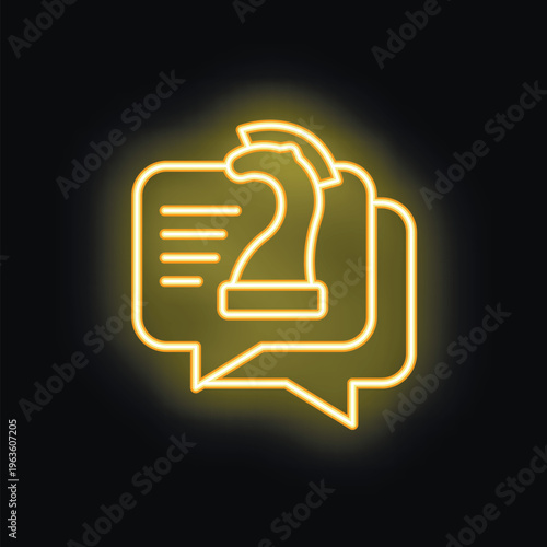 Yellow glowing neon icon of a chess knight emerging from chatting speech bubbles, on a black background