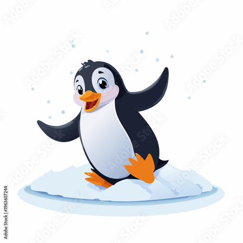 Pinguin fällt rückwärts in den Schnee