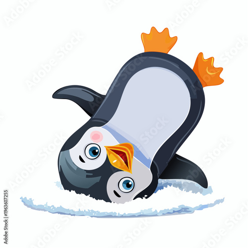 Pinguin fällt rückwärts in den Schnee