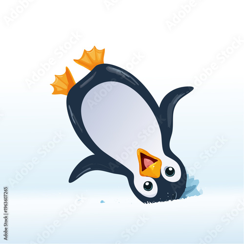 Pinguin fällt rückwärts in den Schnee