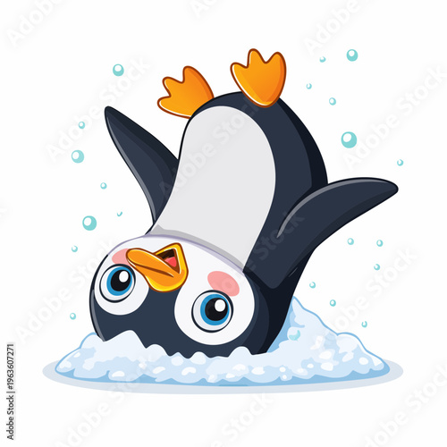 Pinguin fällt rückwärts in den Schnee