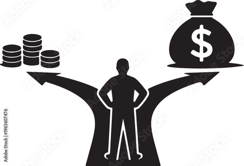Financial Decision Making Concept Silhouette, Business Choice Between Wealth and Small Money, Crossroads Vector Illustration