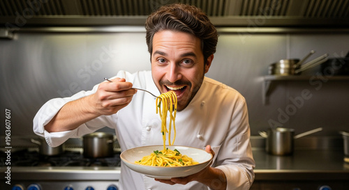 Italian Chef Savoring Aromatic Spaghetti	