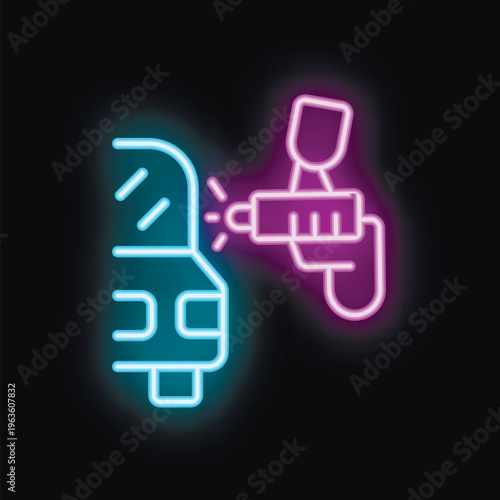 Neon sign illustrating a mechanic painting a car body with a spray gun in a garage