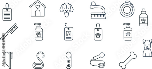 Pet care accessories and grooming line icons set including dog house collar shampoo brush tags outline vector collection