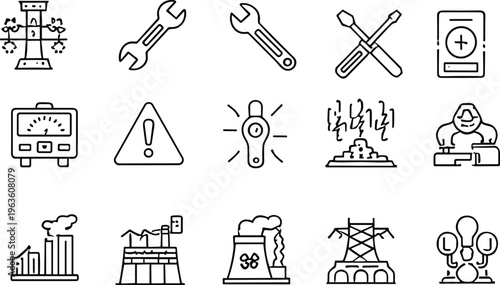 Industrial tools and electricity maintenance line icons set including wrench meter warning factory power plant equipment outline vector collection