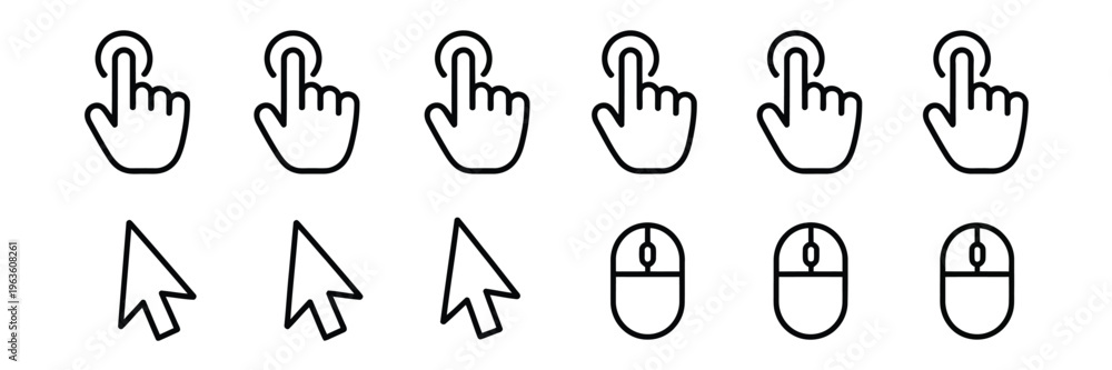 Obraz premium Hand Pointer Cursor Mouse Icon Set Featuring Black Finger Touch Screen Symbol and Clicking Cursor Arrow for Computer Key Navigation and Mobile App Interface.