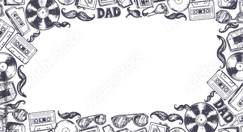 Retro Father's Day Frame with Cassettes, Vinyl, Moustaches & Sunglasses