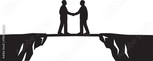 Minimal Vector Silhouette of Two Business People Shaking Hands on a Narrow Bridge, Risky Business Deal Concept, White Background