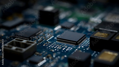 Wallpaper Mural Close-up perspective of an intricate circuit board, showcasing microchips, conductors, and electronic components in sharp detail and focus Torontodigital.ca