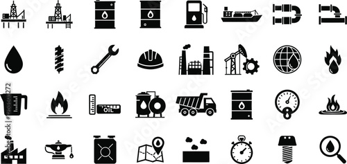Industrial icons set: oil, gas, energy, and transport symbols in black and white, gas pump, map pin, fuel can