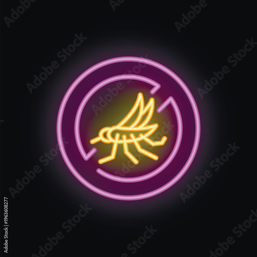 Neon sign depicting mosquito repellent warning with glowing insect silhouette on black background, representing pest control and insect prevention