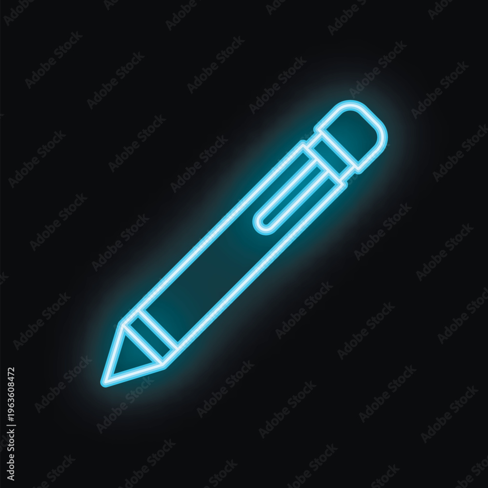 Fototapeta premium Neon blue pen glowing on a black background, representing concepts like writing, creativity, and ideas