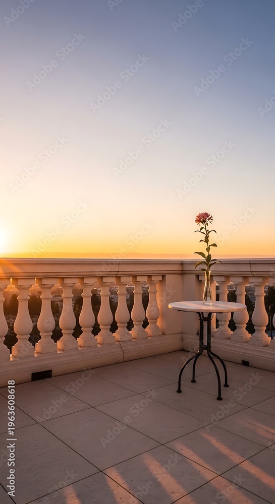 Naklejka premium Romantic balcony at sunrise with a single rose on a table overlooking a cityscape, golden hour light