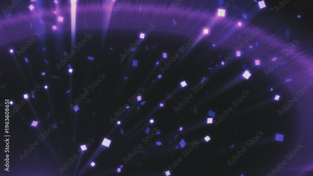 Fototapeta premium Glowing purple squares and light beams radiate across a dark, abstract background, creating a vibrant digital display.