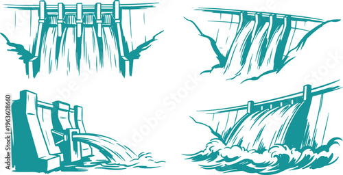 Dam Structure Set Hand Drawn Line Art Vector Design Water Reservoir Hydroelectric Illustration.