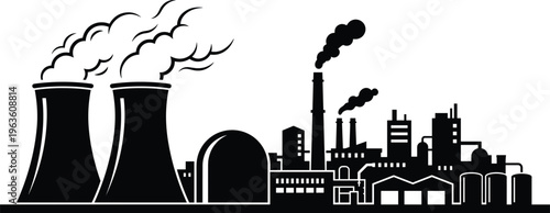 Black Silhouette of Industrial Nuclear Power Plant with Smoke Clouds and Cooling Towers Alongside Urban Factory Buildings for Energy Infrastructure and Manufacturing Concept