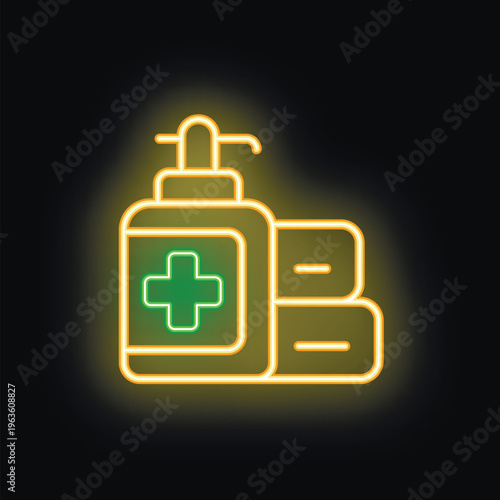Glowing neon line medical bottle with cross and pills icon isolated on black background