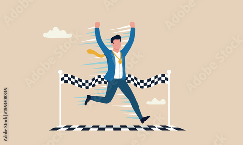 Finish line, business competition success victory, race goal or achievement, fast speed or strength leader, motivation to win opportunity concept, businessman champion winner race finish line