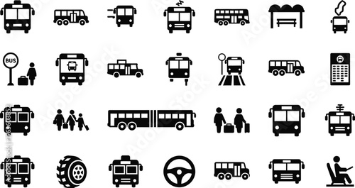 Bus and transportation icons: city travel, public transport, and commuting symbols, bus stop, steering wheel