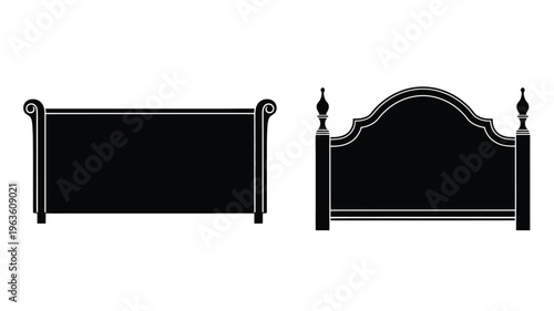 Two ornate bed frames displayed in a striking black silhouette