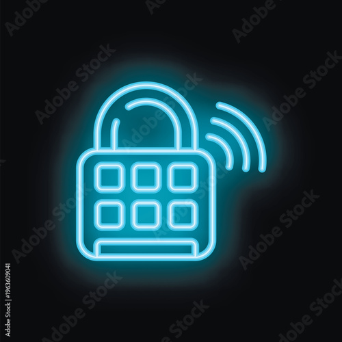 Blue neon icon of a smart lock sending a wireless signal on a black background