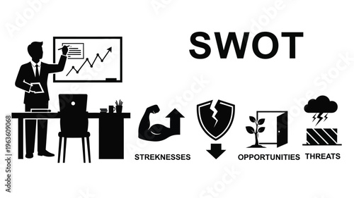Swot analysis illustration with a businessman and symbolic icons silhouette