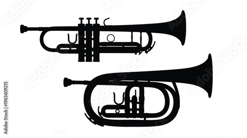 Two black trumpet illustrations presented as a striking silhouette