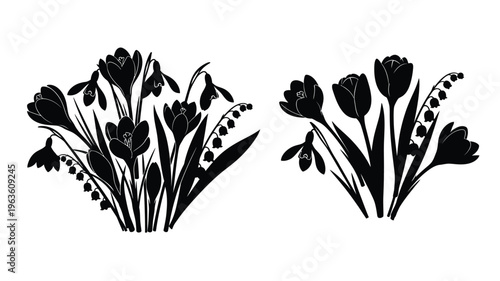 Two floral arrangements featuring spring blooms in stark silhouette