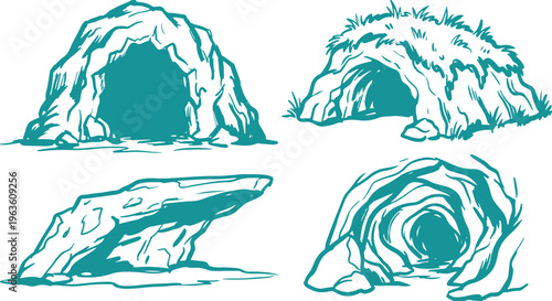 Cave Set Hand Drawn Line Art Vector Design Rock Shelter Nature Illustration.